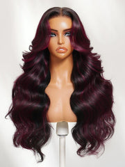 13x4 Pre-Everything? Lace Frontal Black With Burgundy Highlights Loose Wave Wig with Face Framing Layers