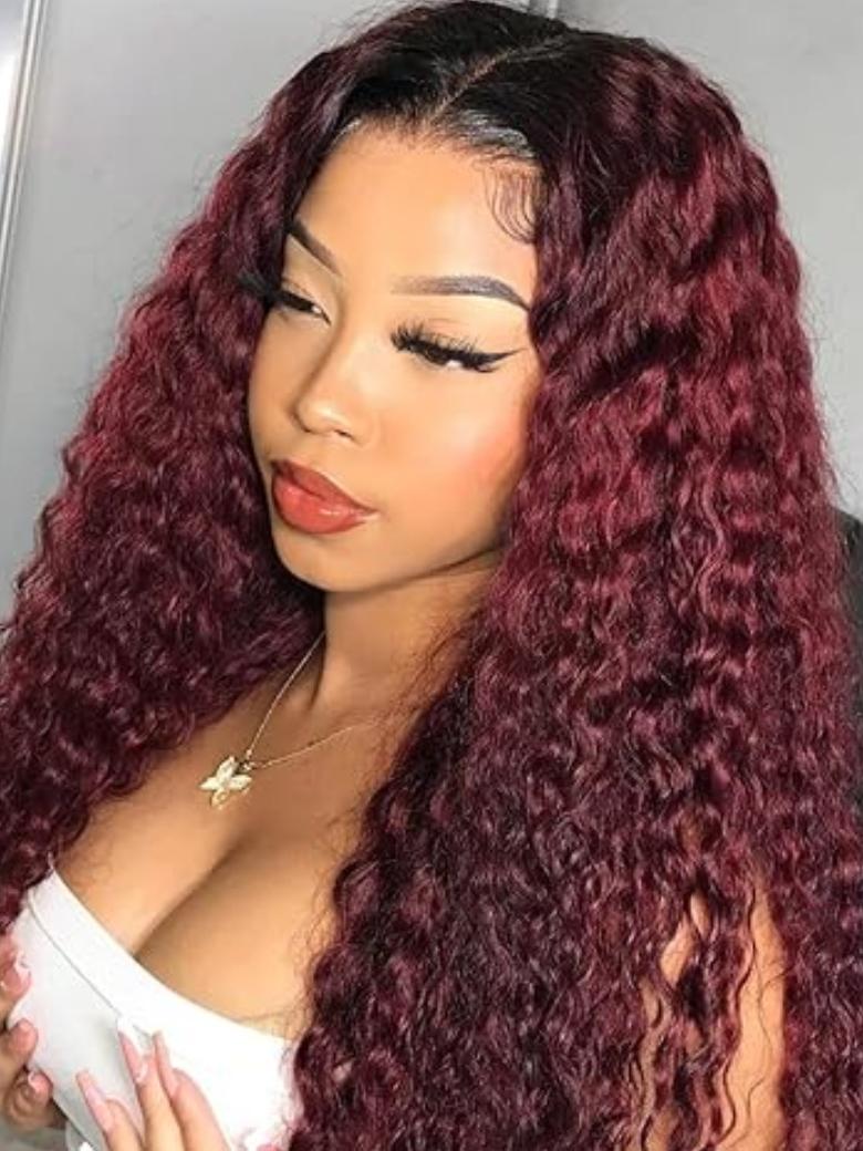[22in=$99] Beginner Friendly V Part Burgundy Ombre With Dark Roots Curly Wig 150% Density