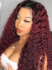 [22in=$99] Beginner Friendly V Part Burgundy Ombre With Dark Roots Curly Wig 150% Density