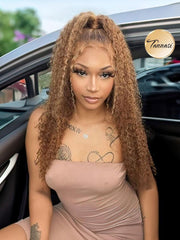 Transparent Lace Ombre Honey Blonde Money Piece Highlight Lace Wigs Curly Human Hair Wigs