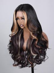 13x4 Lace Front Black Purple Ombre With Blonde Highlights Loose Wave Wig