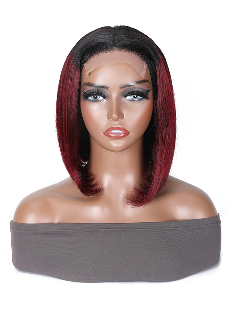 Short Straight Ombre 99J Bob Wig 4x4 Lace Closure Wig 2 Tones 1b/99J Color