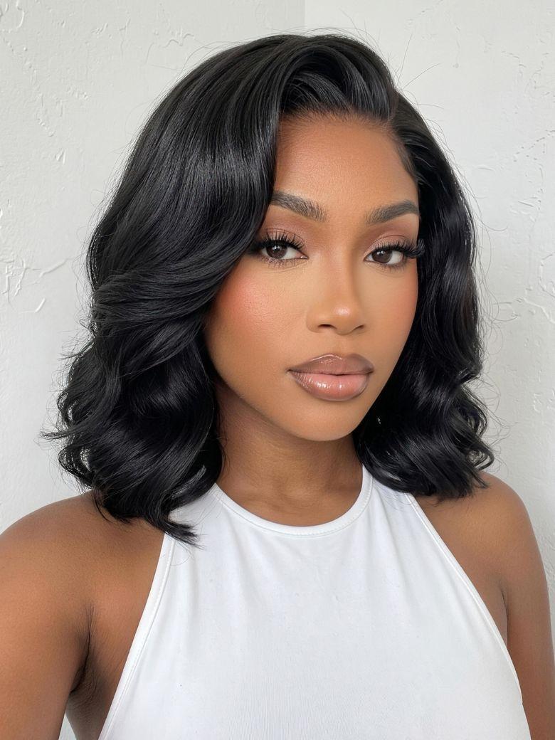 7x5 Bye Bye Slip? Lace Black Glueless Flipped Bob Drawstring Wig with Side Part Bangs