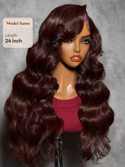 [200% Density] Glueless 100% Human Hair Bye-Bye Knots? 7x5 Lace Dark Auburn Side Part Big Bouncy Wave Wig with Invisi Drawstring