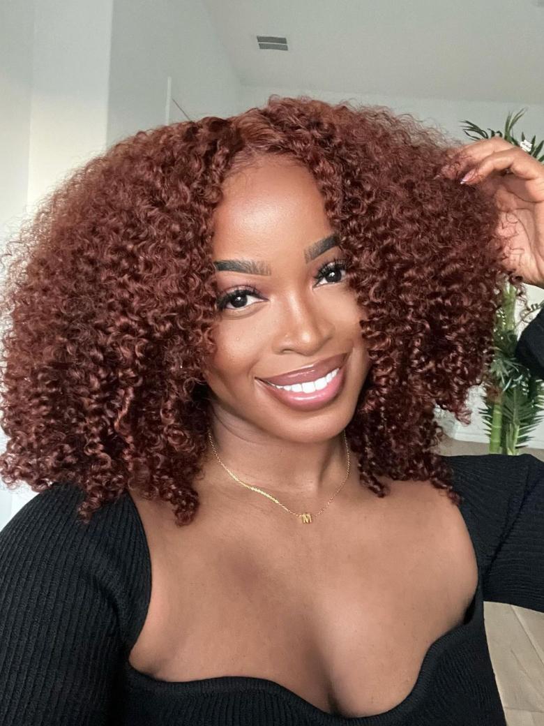 Put On And Go 6x4.5 Pre-Cut Lace Reddish Brown Bouncy Kinky Curly Air Wig
