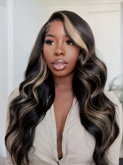 13x4 Lace Front Blonde Highlights On Dark Hair Body Wave / Straight Wig Realistic & Durable