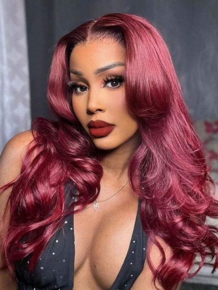 Petaluxe 13x4 Pre-Everything Lace Frontal Plum Wine Red Hair Burgundy Loose Wave 150% Density
