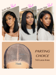 7x5 lace area wig guide showcasing left side part, middle part, and right side part styling options.