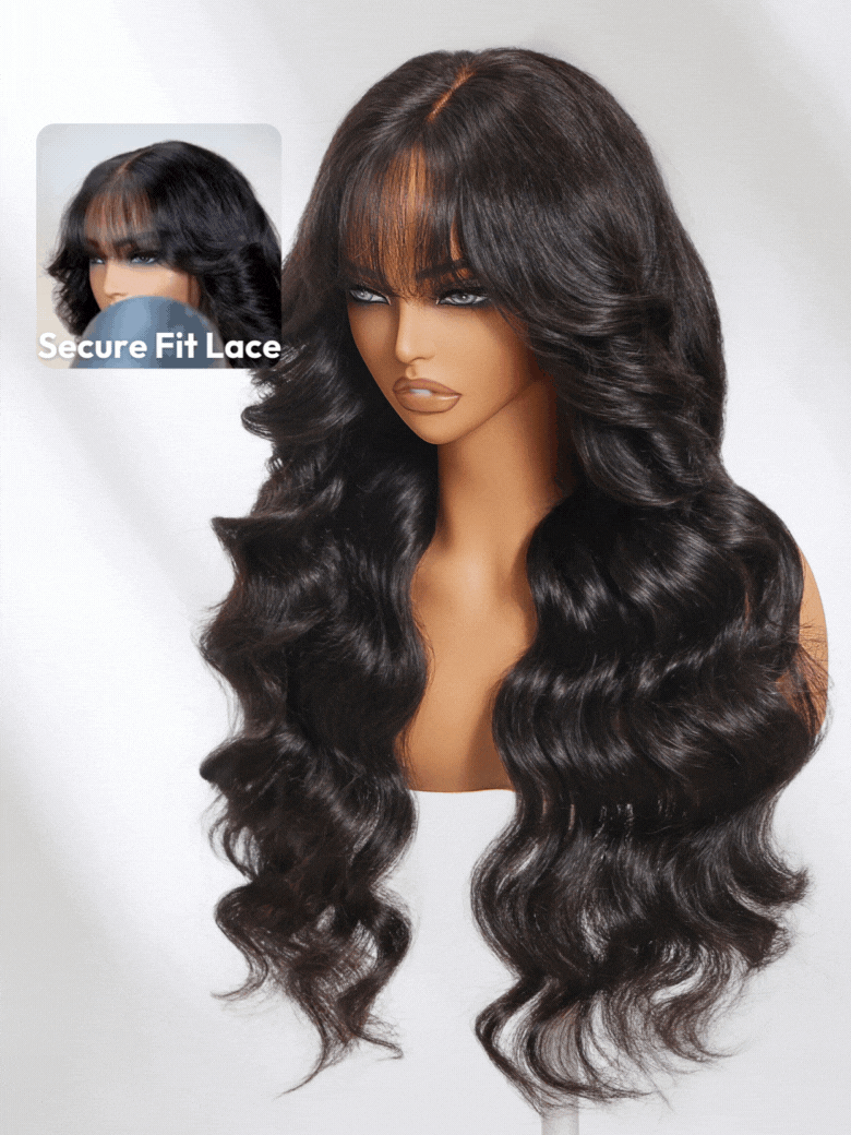 7x5 ByeBye Knots? Black Fluffy Natural Loose Wave Curtain Bangs Wig