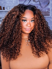 [Plus+ Exclusive] 24inch 180% Density Balayage Highlight No Leave Out No Glue V Part Curly Wig Beginner Friendly Human Hair Wig