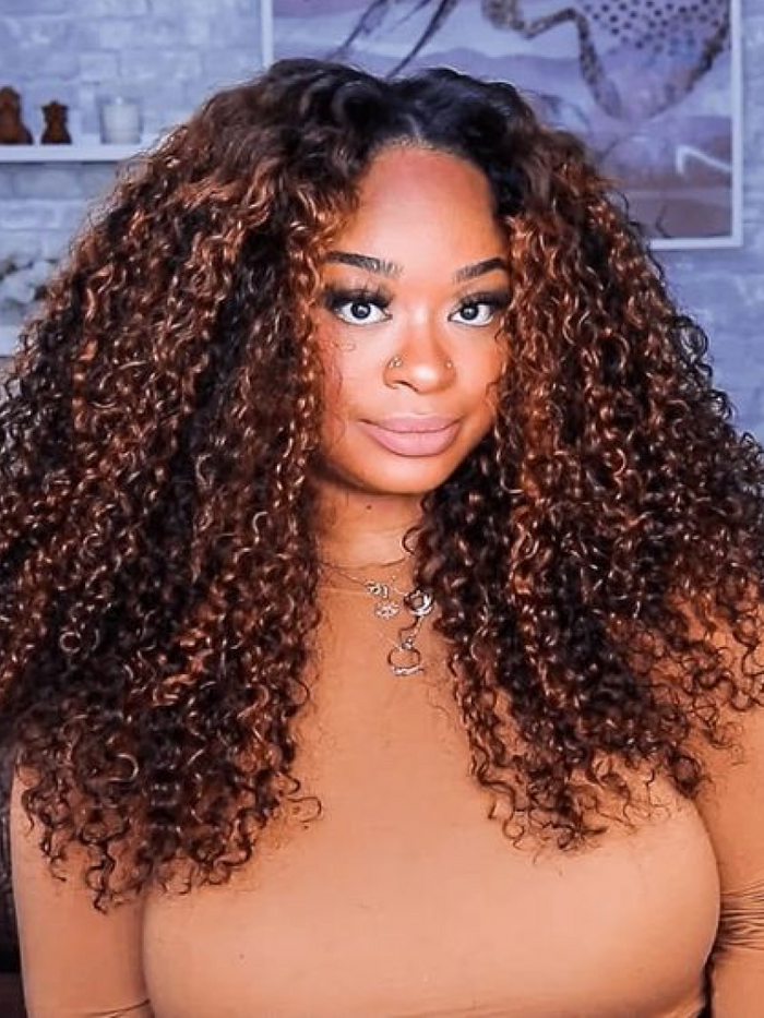Petaluxe [Plus+ Exclusive] 24inch 180% Density Balayage Highlight No Leave Out No Glue V Part Curly Wig Beginner Friendly Human Hair Wig