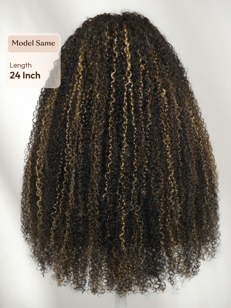 7x5 Bye Bye Slip? Lace Black with Blonde and Caramel Highlights Full Curly Wig with Defined Curls For Beginners