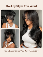 7x5 ByeBye Knots? Lace Bouncy Black Fluffy Natural Loose Wave Curtain Bangs Wig