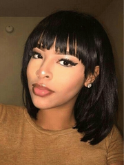 2x4 Lace Closure Yaki Straight Bob Wig with Chinese Bangs 150% Density