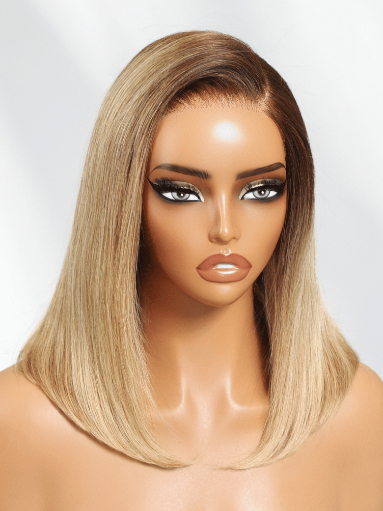7x5 Bye-Bye Knots Lace Blonde with Brown Roots Side Part Blunt Bob Wig