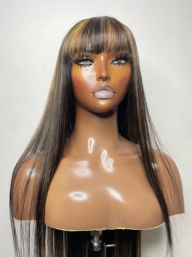 13x4 Lace Front Black With Honey Blonde Streaks Straight Wig With Chinese Bangs