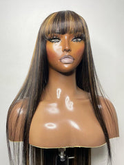 13x4 Lace Front Black With Honey Blonde Streaks Straight Wig With Chinese Bangs