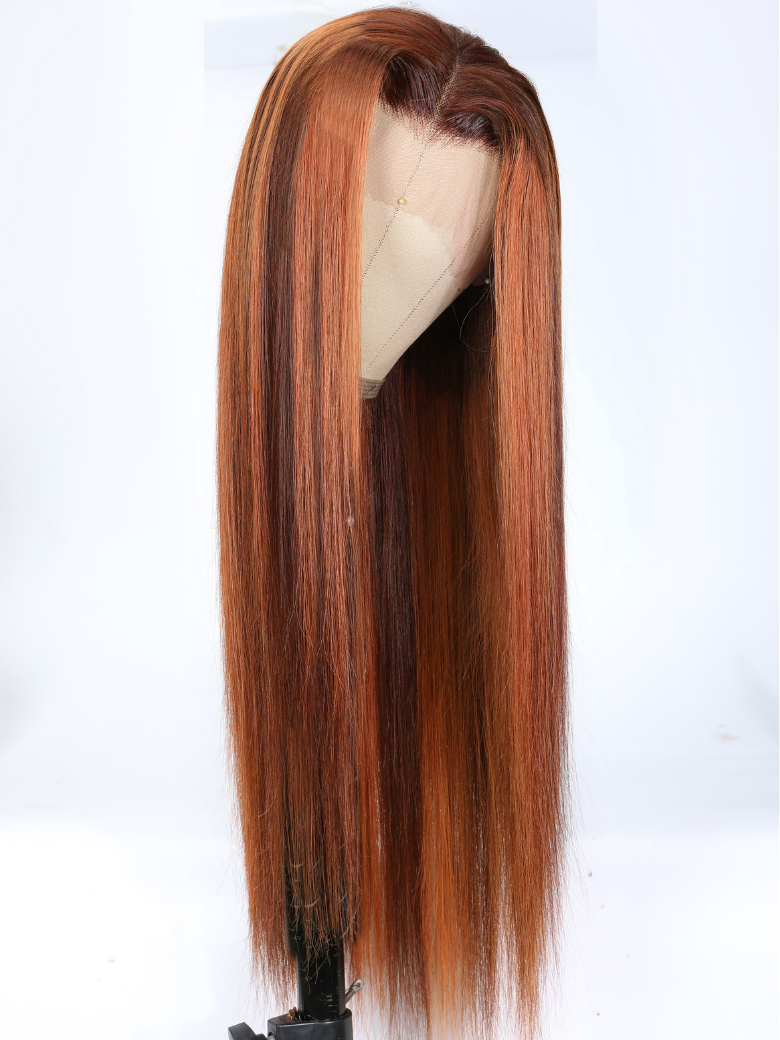 13x4 Lace Front Auburn and Ginger Mix Color Straight Human Hair Wig 150% Density