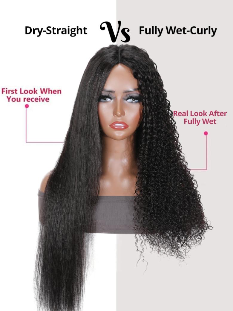 Magic Dry Straight & Wet Curly Wig 2 Styles in 1 V Part Curly Human Hair Black Wig
