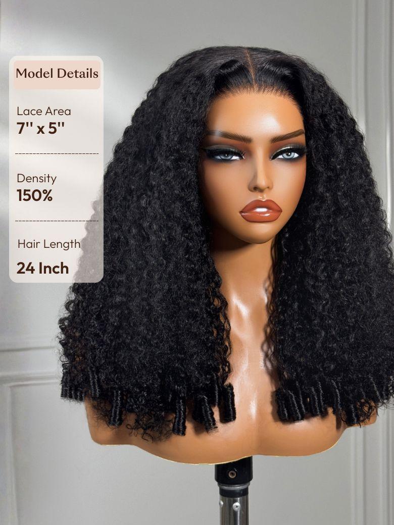 [Free Wig For All Length] InvisiBlend? V Part & 7x5 Bye Bye Knots Curly Texture Drawstring Human Hair Wig With Finger Coil Ends