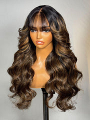 13x4 Pre-Everything? Lace Frontal Balayage Highlights Fluffy Natural Loose Wave Curtain Bangs Wig