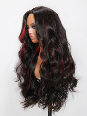 13x4 Lace Front Black Hair With Red Streaks Loose Wave Wig