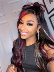 [24''=$139] 7x5 Bye Bye Knots? Glueless Lace Red Blonde Highlights Loose Wave & Natural Black Kinky Curly Wig