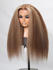 13x4 Lace Front Kinky Straight Honey Blonde Highlights Wig Super Secure Ear To Ear 150% Density Wig