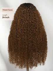 7x5 Bye Bye Slip? Lace Warm Caramel Brown with Dark Roots Natural Afro Curly Wig with Invisi Drawstring