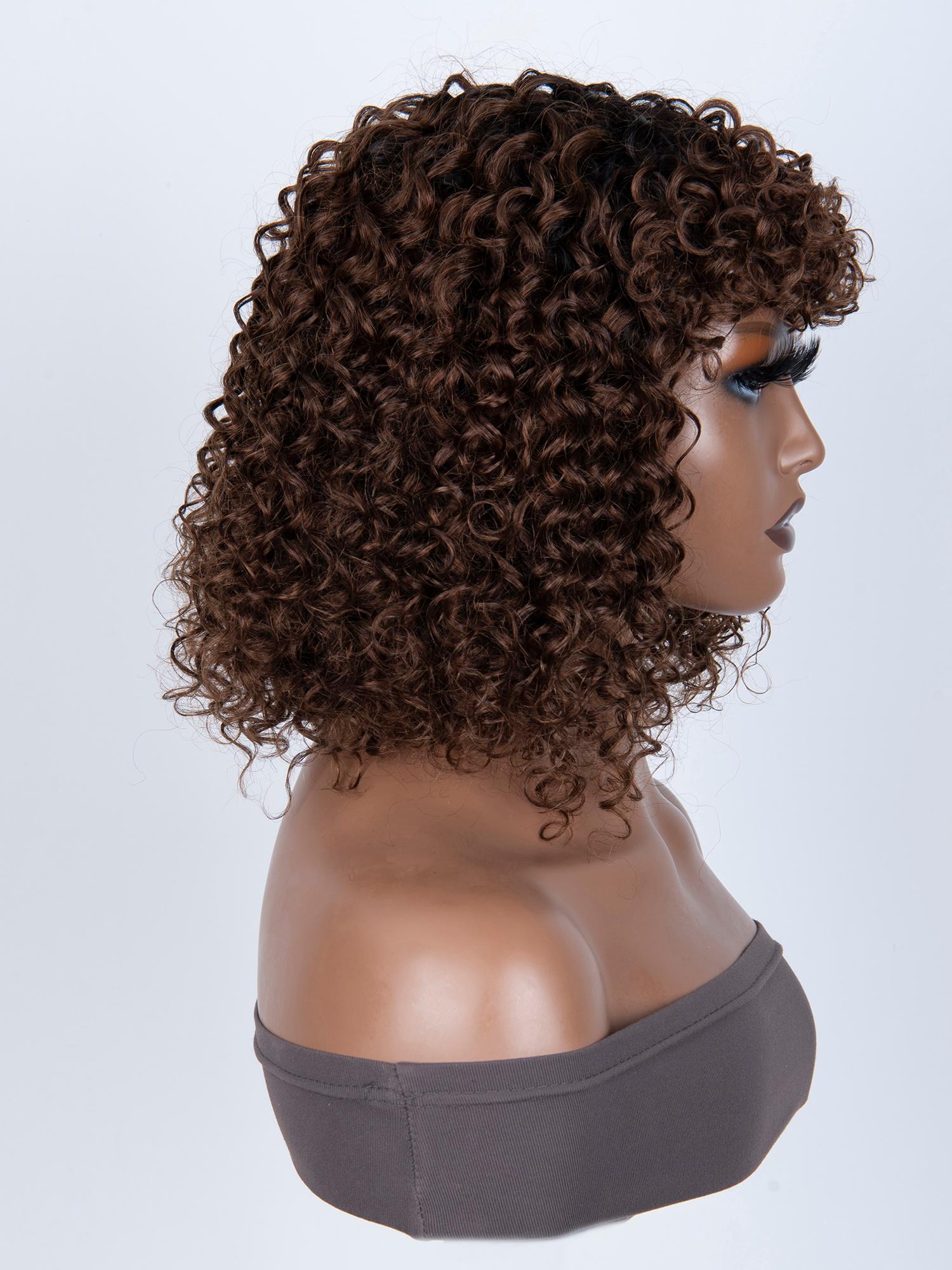 Glueless Dark Brown Curly Ombre Black Root Bob Wig With Bangs Machine Made Wig