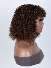 Glueless Dark Brown Curly Ombre Black Root Bob Wig With Bangs Machine Made Wig