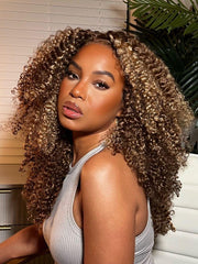 Honey Blonde Sun Kissed Highlights 13x4 Transparent Lace Front Kinky Curly Wig 150% Density