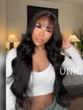 Petaluxe From 24'' 13x4 Pre-Everything Lace Frontal Pull And Go Black Fluffy Natural Loose Wave Curtain Bangs Wig with Invisi Drawstring