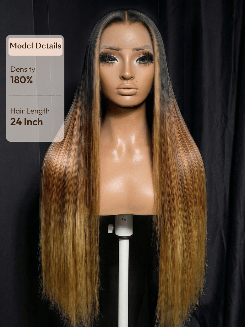 360 HD Lace Pre-plucked Luxury Raw Virgin Hair Brown to Honey Blonde Ombre Silky Straight Wig with Dark Roots