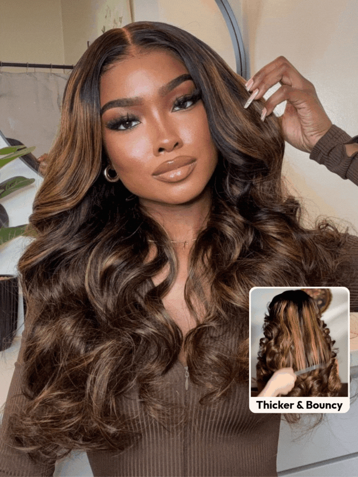 [All Length $129] Petaluxe Sun-Kissed Brown Highlights Body Wave Wig With Face Framing Layers Beginner Friendly U Part 150% Density