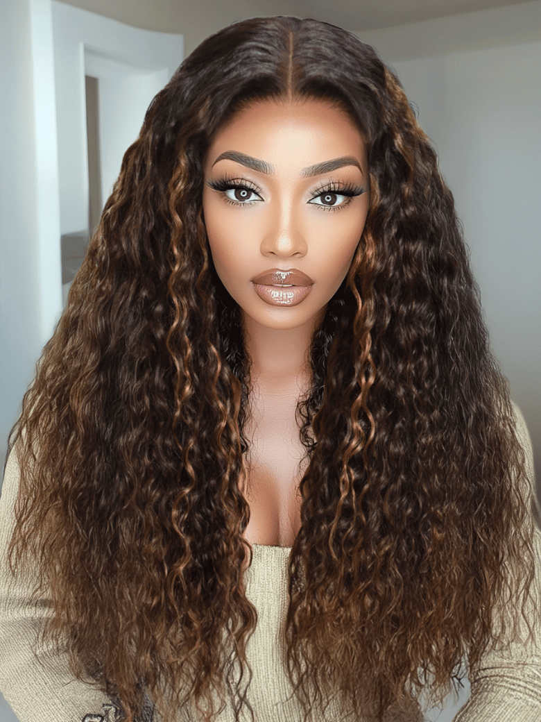 Bye-Bye Knots Wig 7x5 Lace Water Wave Espresso Brown with Caramel Highlights Wig 180% Density
