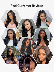 Customer reviews collage featuring multiple women styling long body wave no slip lace front wigs in different ways.