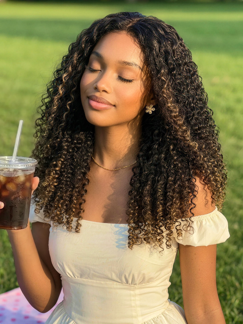 Glueless 7x5 Burmese Curly Wig with Finger Coily Ends 100% Human Hair Black to Chestnut Brown Ombre Bye-Bye Knots? 7x5 Lace Drawstring Wig