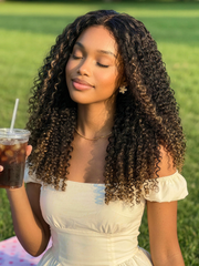Glueless 7x5 Burmese Curly Wig with Finger Coily Ends 100% Human Hair Black to Chestnut Brown Ombre Bye-Bye Knots? 7x5 Lace Drawstring Wig