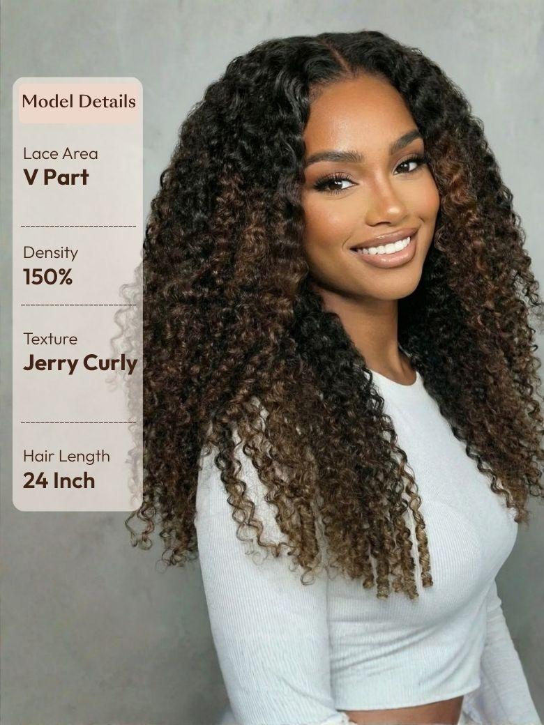EasiContour? V Part Black to Chestnut Brown Jerry Curly Drawstring Wig & 7x5 Bye Bye Slip? Glueless Lace Burmese Curly With Finger Coil Ends Wig