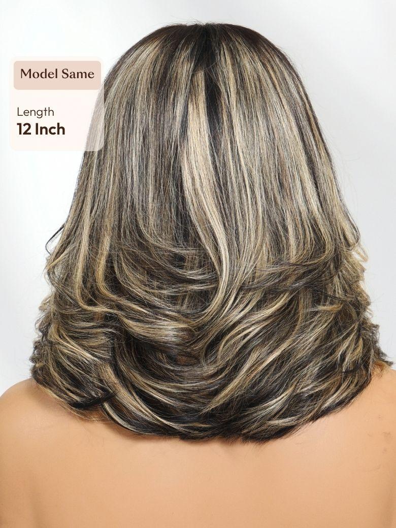 7x5 Bye Bye Slip? Lace Dark Brunette with Ash Blonde Highlight Layered Wavy Bob Wig with Invisi Drawstring