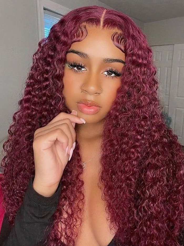 [With Gift] Petaluxe 200% Density 6x4.5 Pre-Cut Lace Put On And Go Burgundy Jerry Curly Air Wig With Baby Hair