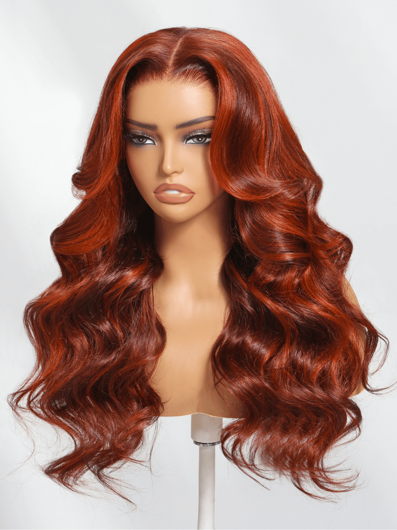 ByeBye Knots 7x5 Lace Loose Wave Red Orange Highlights Wig with Face Framing Layers 150% Density