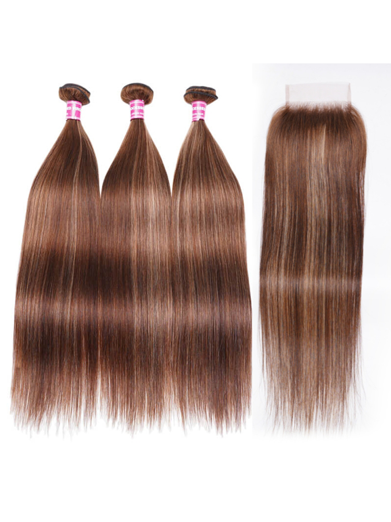 Honey Blonde Piano Highlighted Straight 3Pcs Bundles With Closure Deal