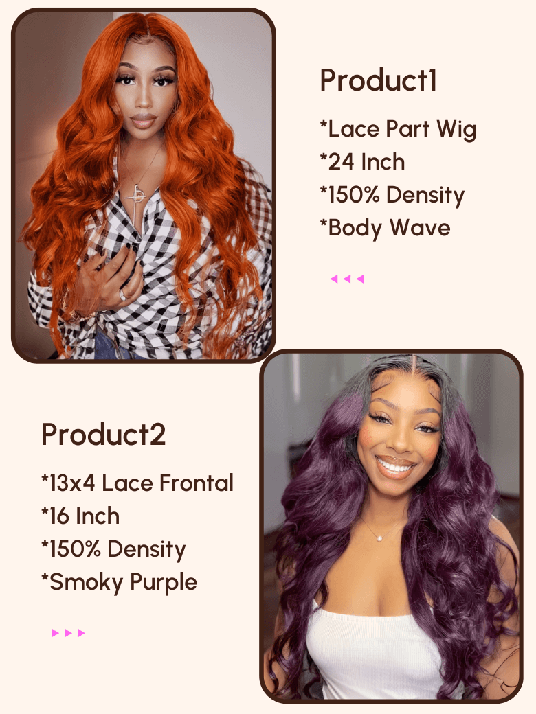 [2 wigs $199] 24" Ginger Color Lace Part Body Wave Wig & 16 Inch Lace Frontal Smoky Purple Body Wave Wig
