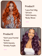 [2 wigs $199] 24" Ginger Color Lace Part Body Wave Wig & 16 Inch Lace Frontal Smoky Purple Body Wave Wig