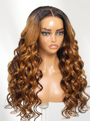 13x4 Pre-Everything? Lace Frontal Brown Balayage Loose Wave Glueless Drawstring Wig with Layered Curtain Bangs