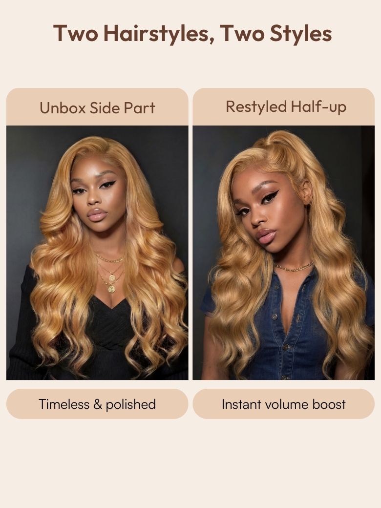 13x4 Pre-Everything? Lace Frontal Golden Blonde Balayage Loose Body Wave Drawstring Wig with Side Swept Bangs