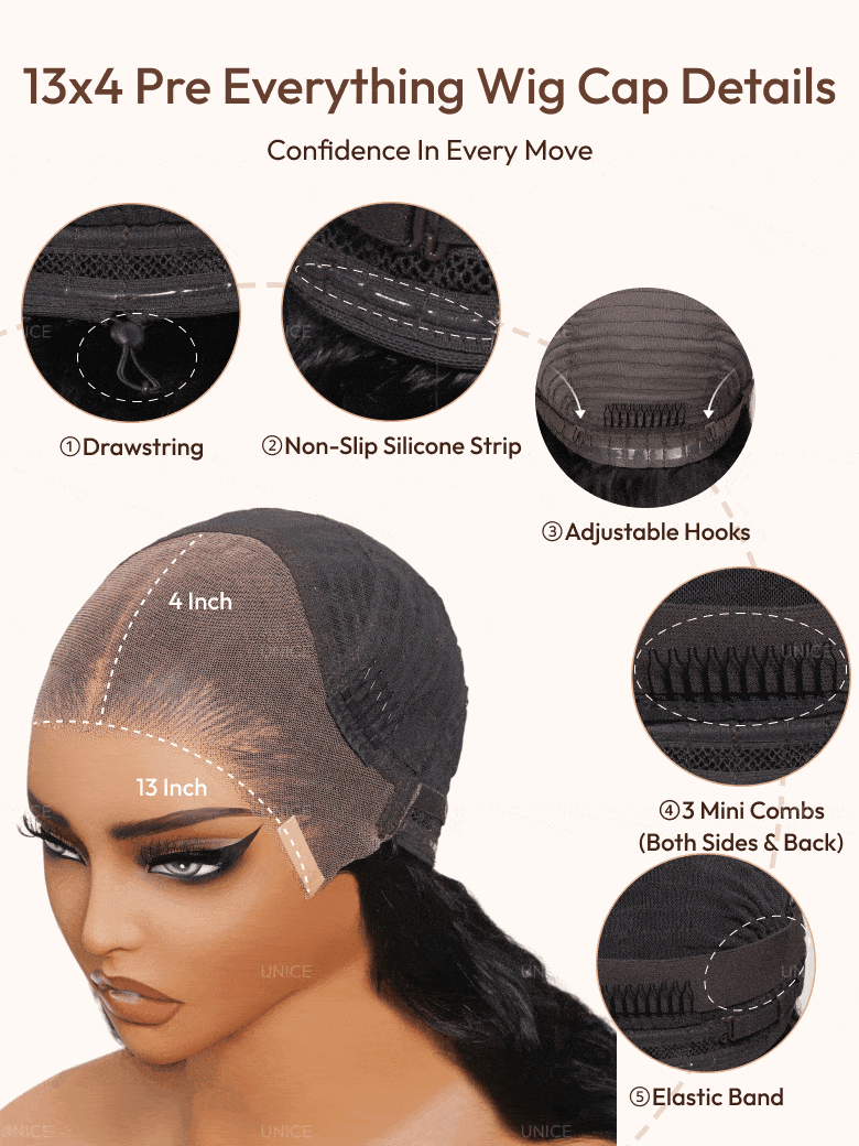 Diagram of a 13x4 pre-everything wig cap highlighting features: drawstring, non-slip silicone strip, adjustable hooks, 3 mini combs (both sides & back), elastic band, and dimension of 13 inches by 4 inches.