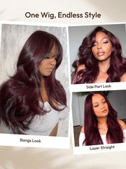 7x5 Bye-Bye Knots? & 13x4 Pre-Everything? Lace Frontal Purple Black Cherry Layered Straight & Loose Wave With Invisi Drawstring Wig